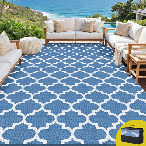 Gardeon Reversible Outdoor Rug – Blue 274 x 366cm with Carry Bag