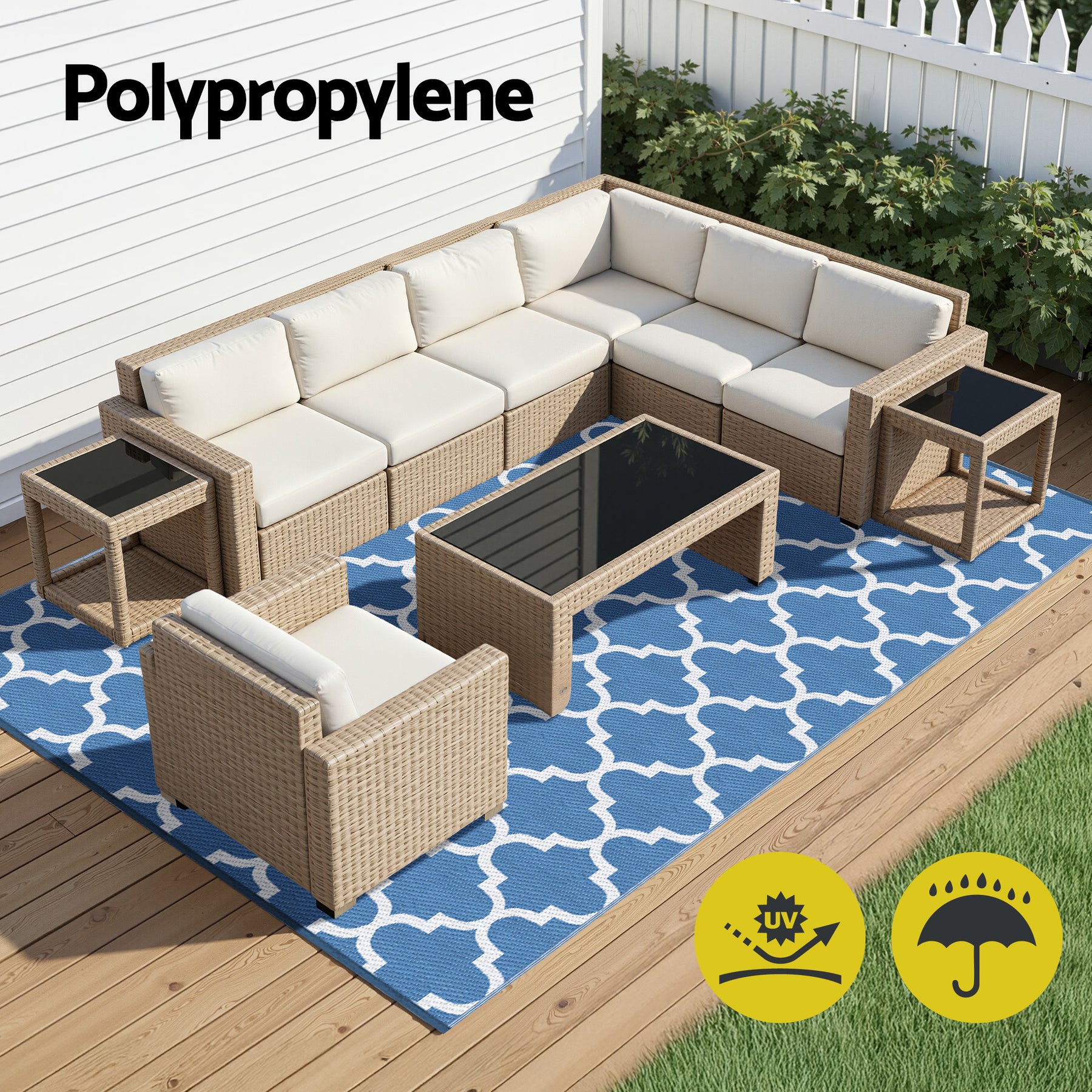 Gardeon Reversible Outdoor Rug – Blue 274 x 366cm with Carry Bag