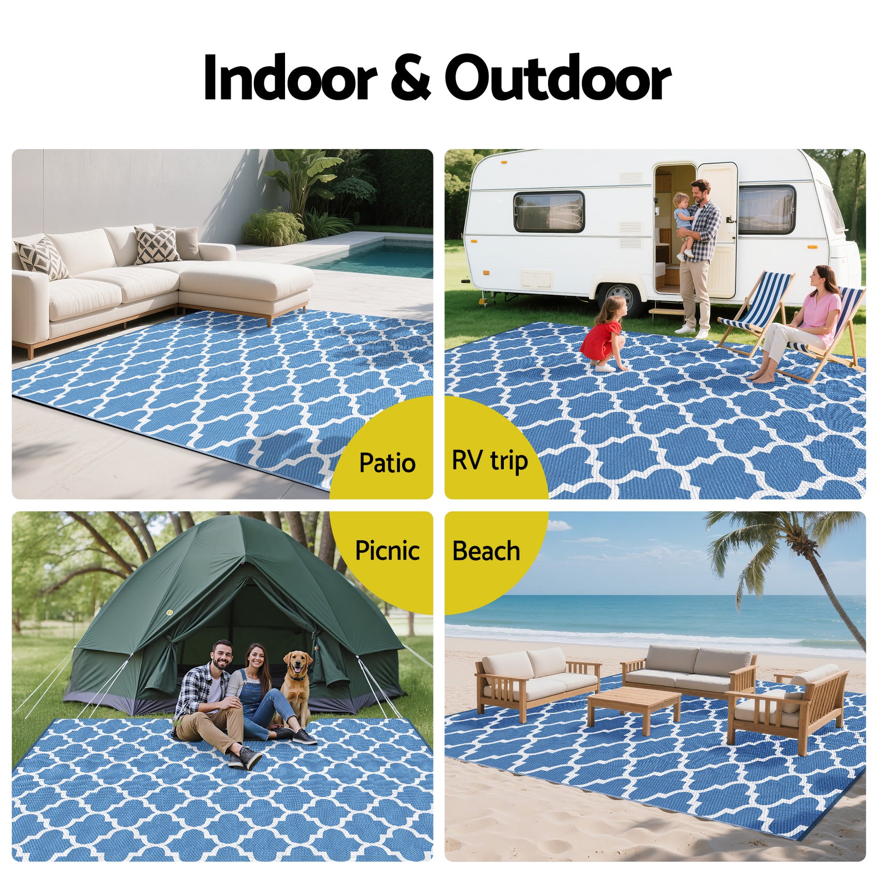 Gardeon Reversible Outdoor Rug – Blue 274 x 366cm with Carry Bag