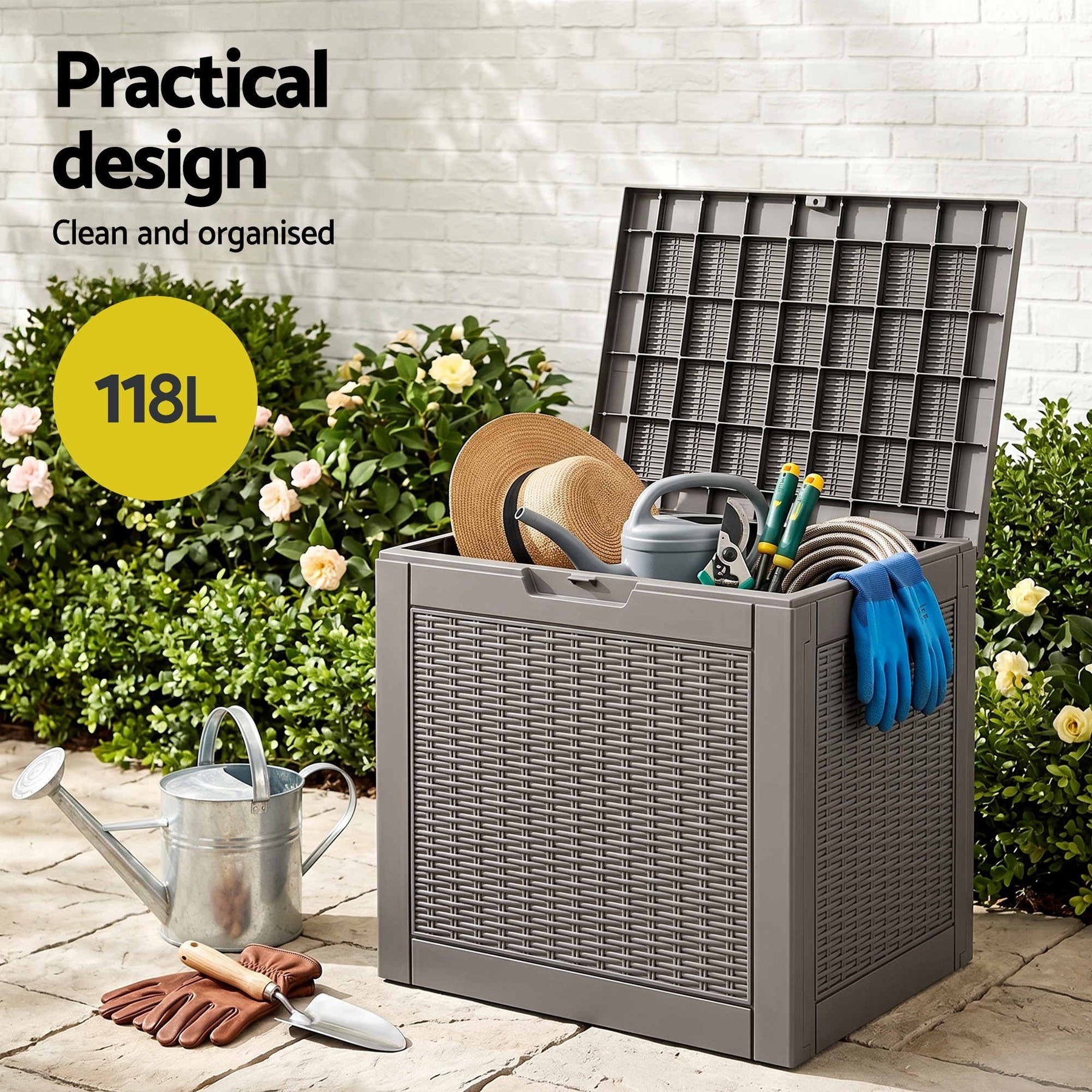 Gardeon 118L Brown Lockable Outdoor Storage Box Rattan Texture Garden Container