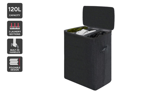 Ovela 120L Laundry Separation Basket with Lid - 3 Sections (Dark Grey)