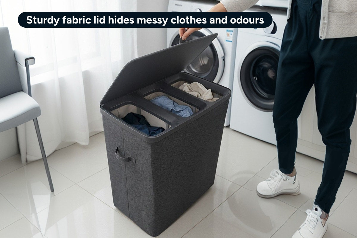 Ovela 120L Laundry Separation Basket with Lid - 3 Sections (Dark Grey)