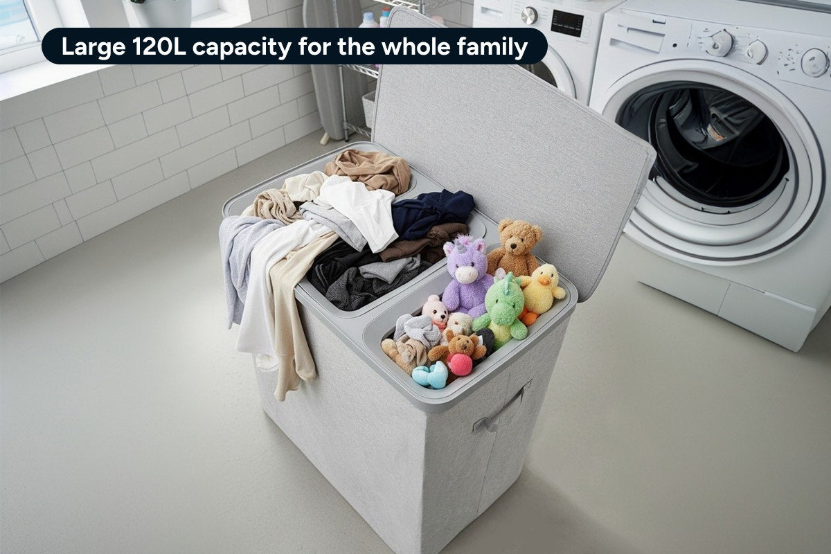 Ovela 120L Laundry Separation Basket with Lid - 3 Sections (Light Grey)