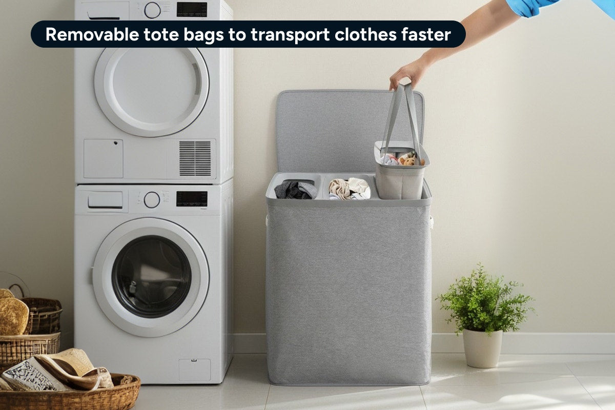Ovela 120L Laundry Separation Basket with Lid - 3 Sections (Light Grey)