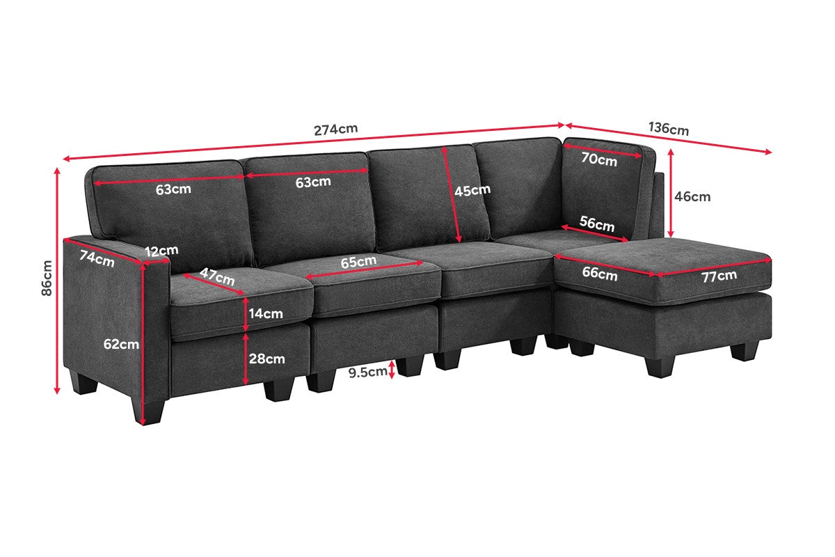 Ovela Atlas 5 Seater Modular Sofa with Reversible Chaise (Dark Grey)