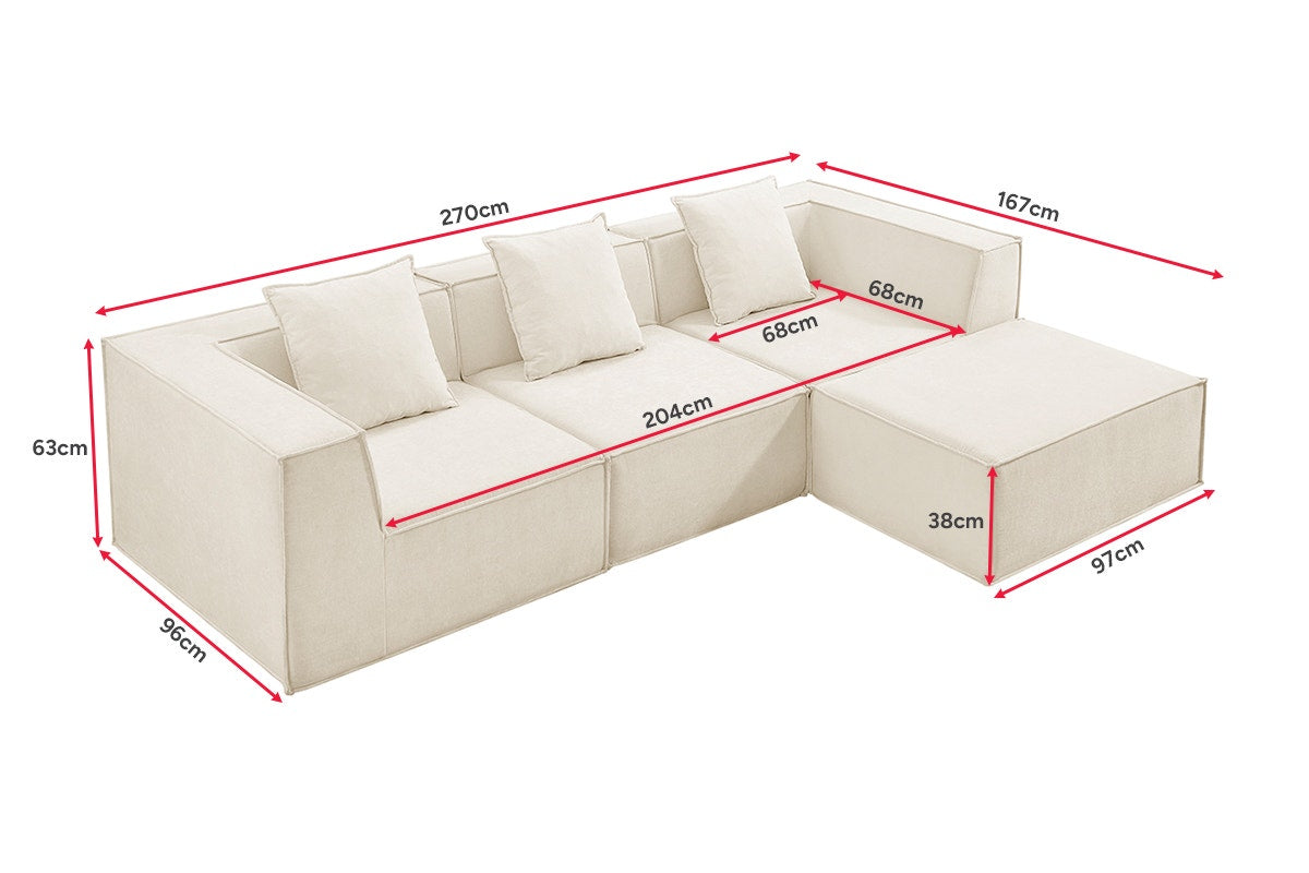 Ovela Softly 3 Seater Compressed Modular Sofa with Ottoman (Cream)