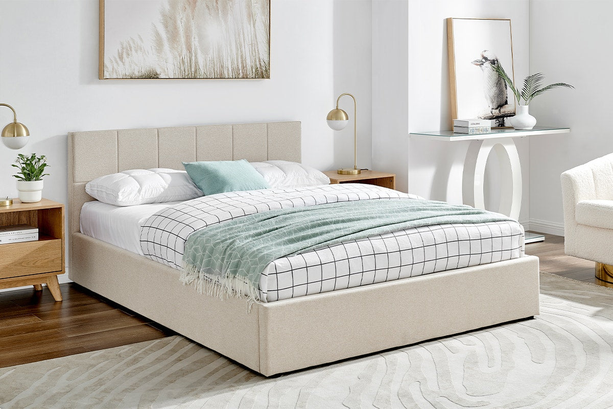 Ovela Theodore Gas Lift Bed Frame - Double Beige - SuperSaverAU - view 1
