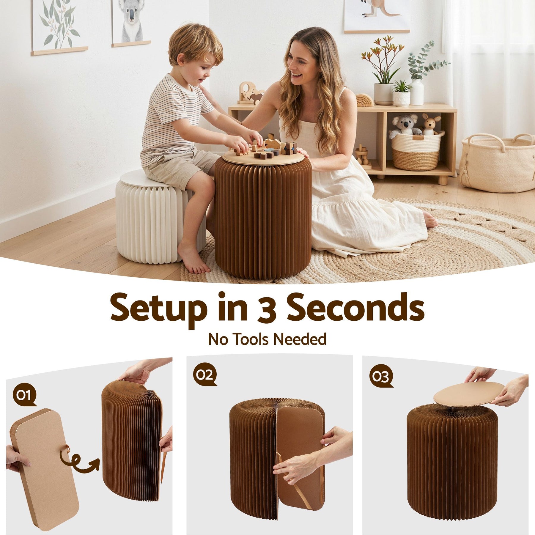 Artiss Accordion Folding Paper Stools Set Includes 2 Cushions Natural Kraft 100KG Capacity - SuperSaverAU - view 4