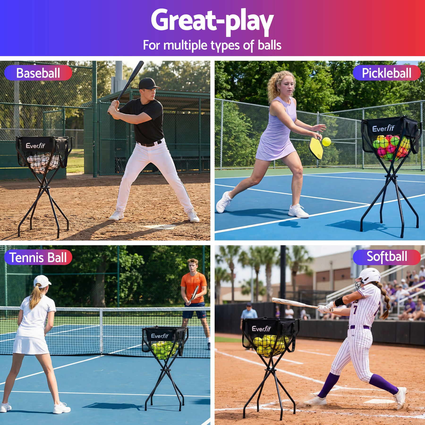 Everfit Portable Ball Cart Foldable Pickleball Tennis Baseball Softball - SuperSaverAU - view 6