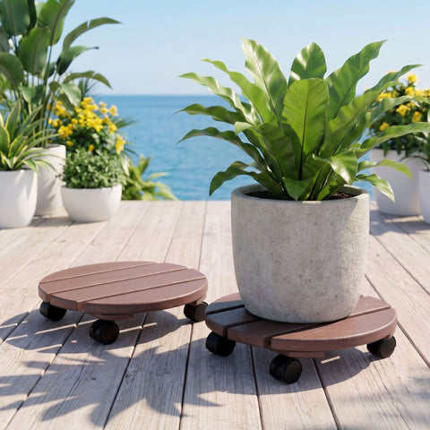 Gardeon 2 Pack Brown HDPE Round Plant Caddy with Lockable Wheels - 32 x 10cm