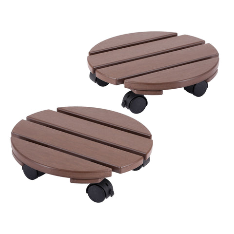 Gardeon 2 Pack Brown HDPE Round Plant Caddy with Lockable Wheels - 32 x 10cm
