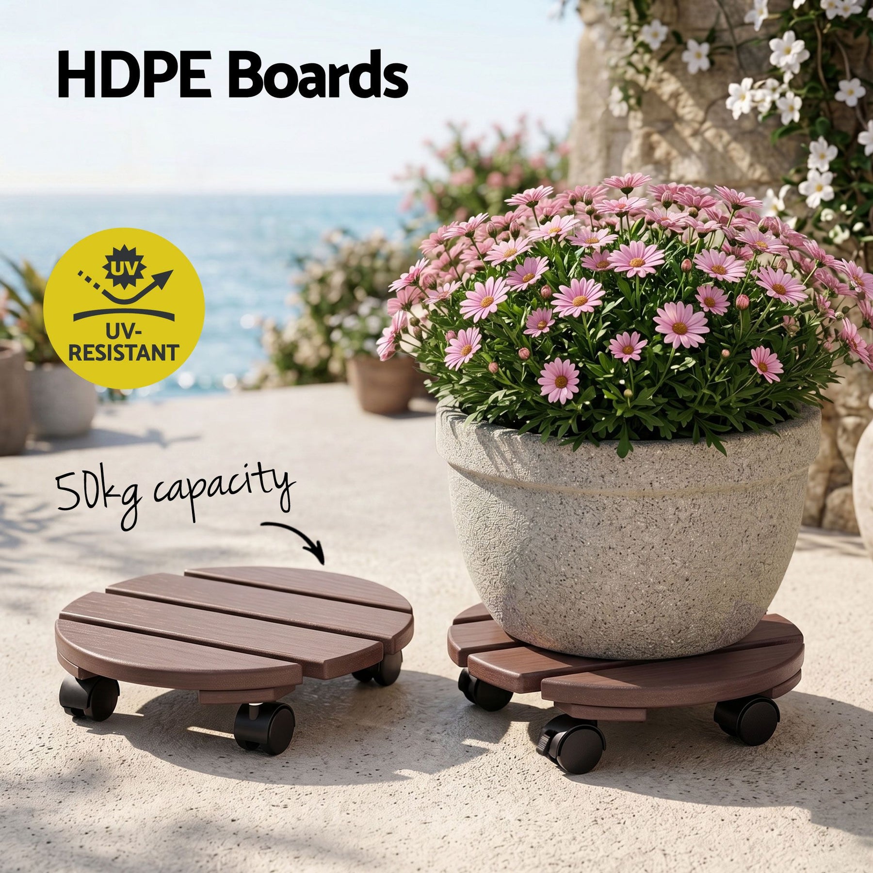 Gardeon 2 Pack Brown HDPE Round Plant Caddy with Lockable Wheels - 32 x 10cm