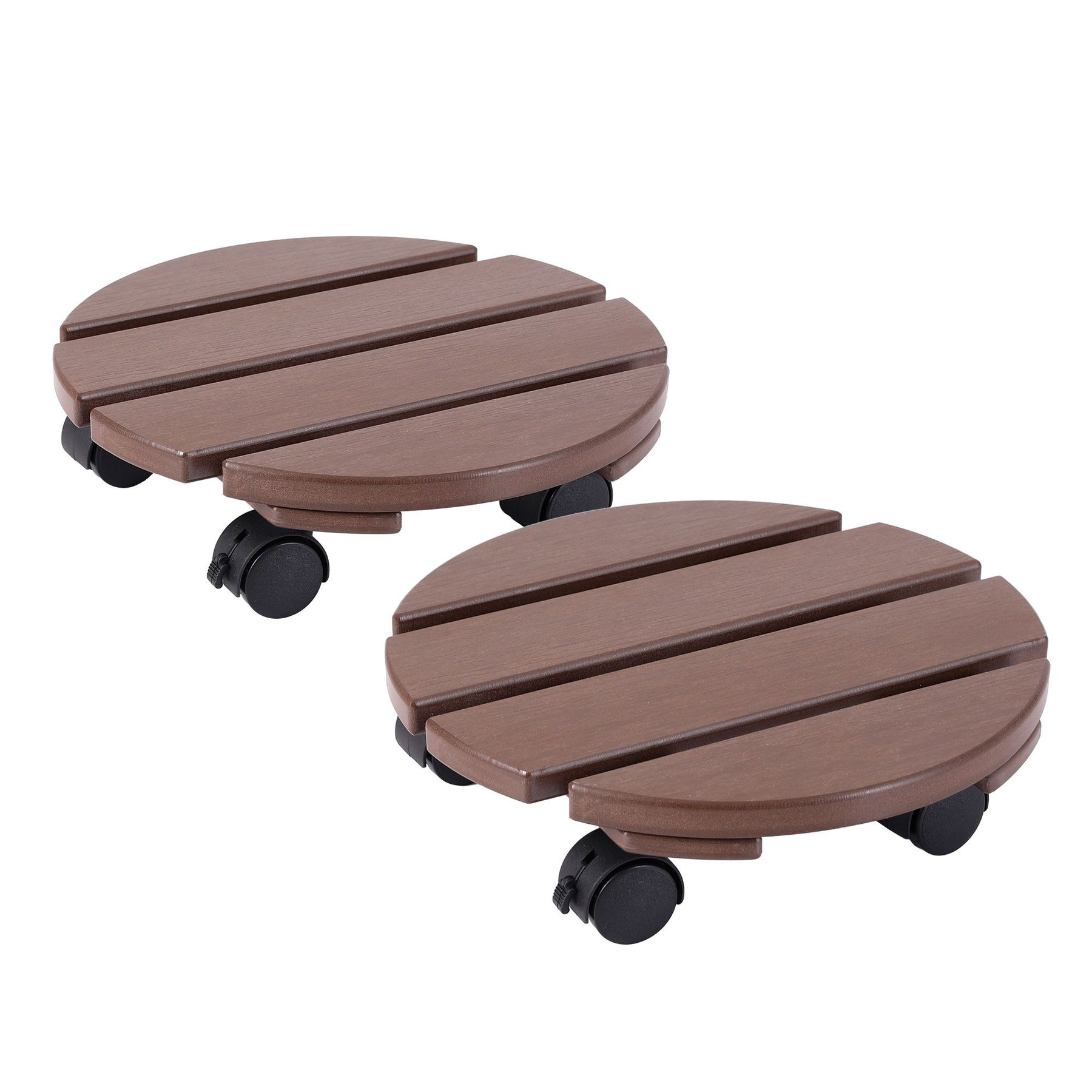 Gardeon 2 Pack Brown HDPE Round Plant Caddy with Lockable Wheels - 32 x 10cm
