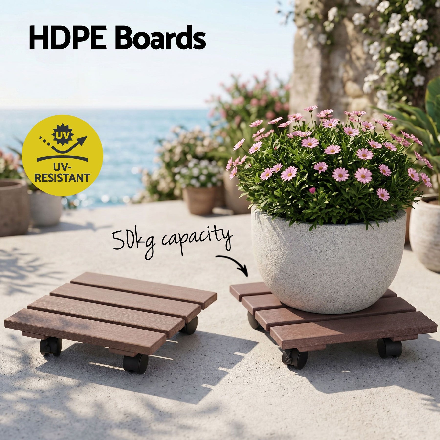 Gardeon 2 Pack Brown HDPE Square Plant Caddy with Lockable Wheels - 32 x 32 x 10cm