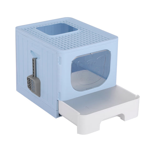 i.Pet Enclosed Cat Litter Box Large Tray Foldable with Scoop Blue - SuperSaverAU - view 1