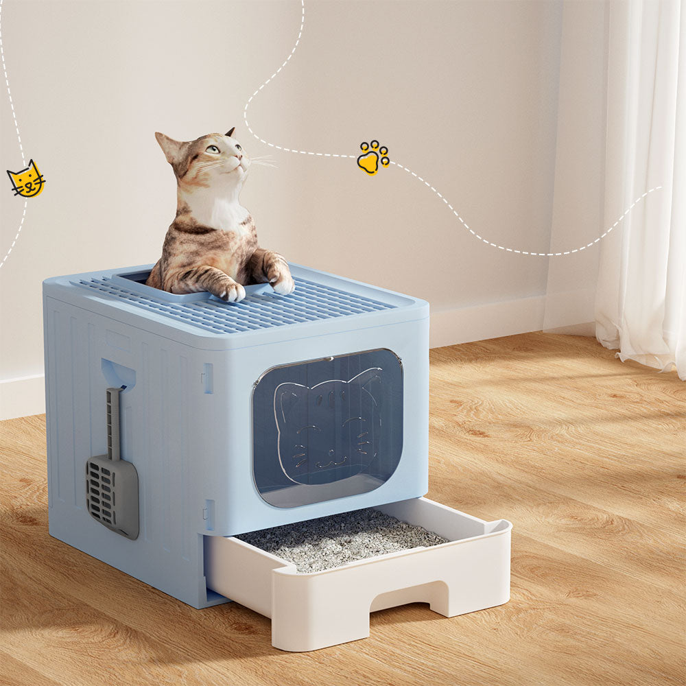 i.Pet Enclosed Cat Litter Box Large Tray Foldable with Scoop Blue - SuperSaverAU - view 7