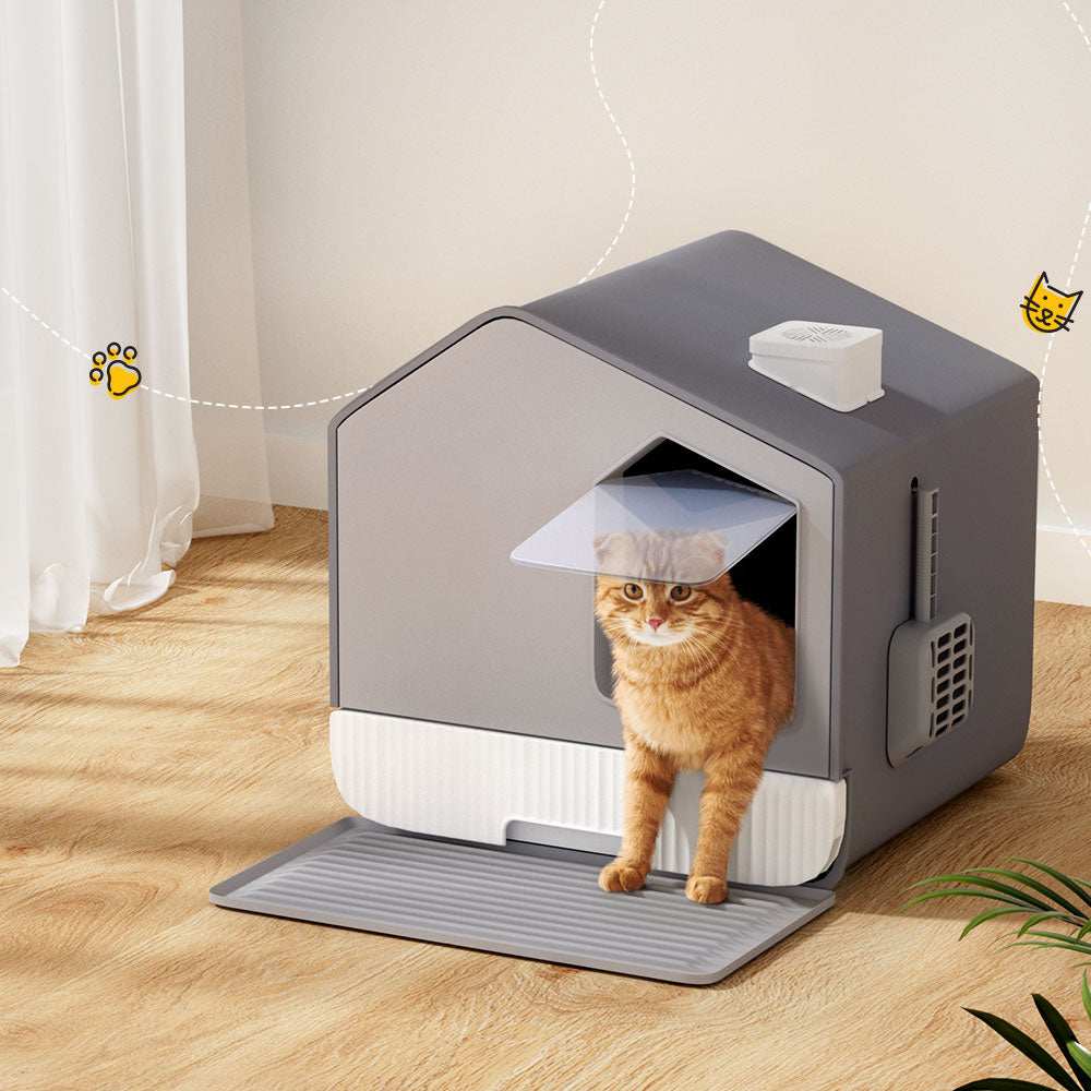 i.Pet Cat Litter Box Large Tray Enclosed Hooded with Scoop & Mat Grey - SuperSaverAU - view 7