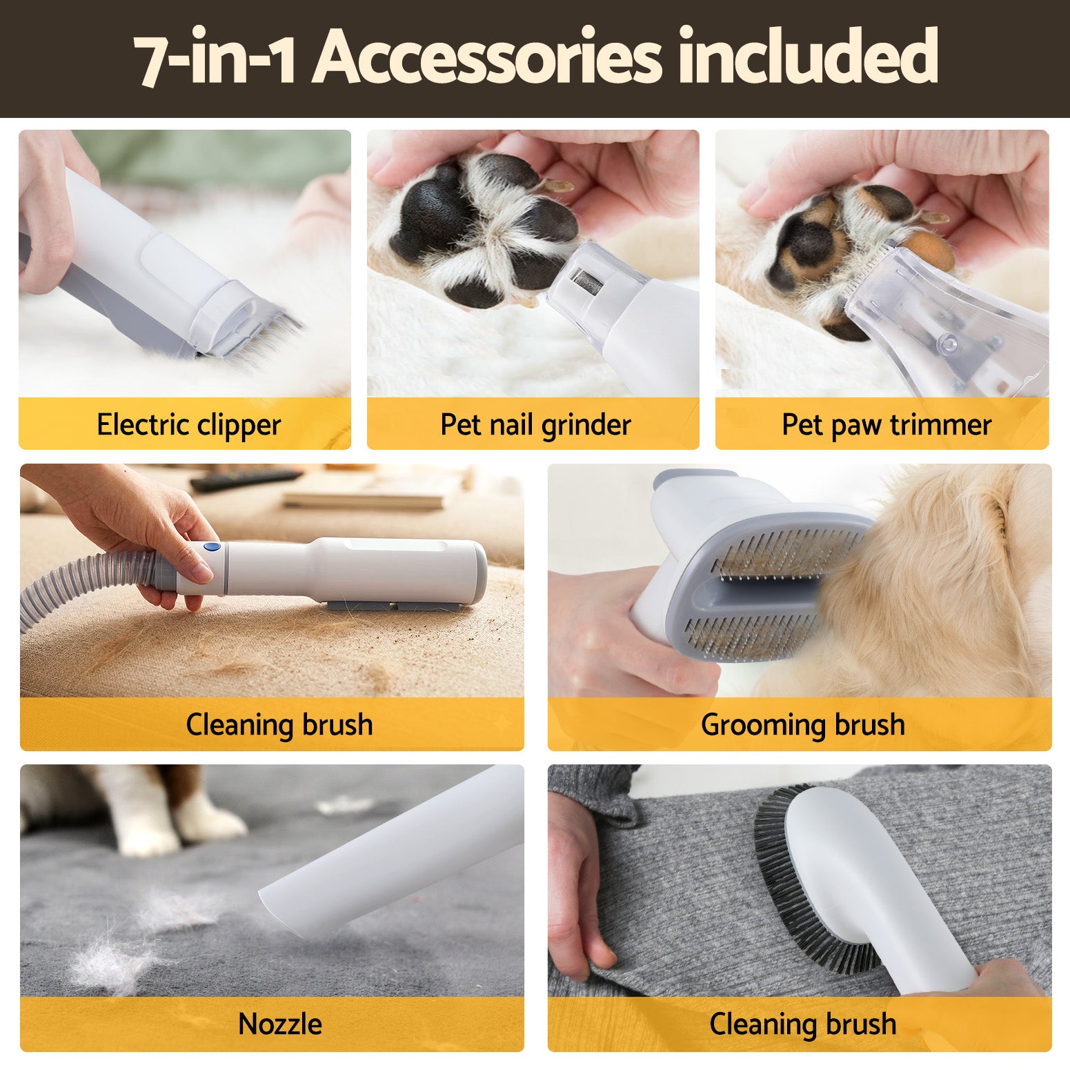 i.Pet 7-in-1 Pet Grooming Vacuum Kit with Clippers - White