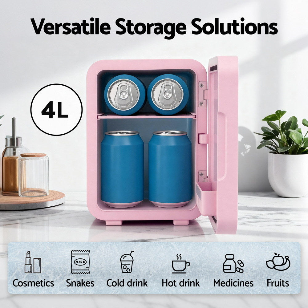 Premium Glacio Pink 4L Mini Skincare Fridge with LED Mirror
