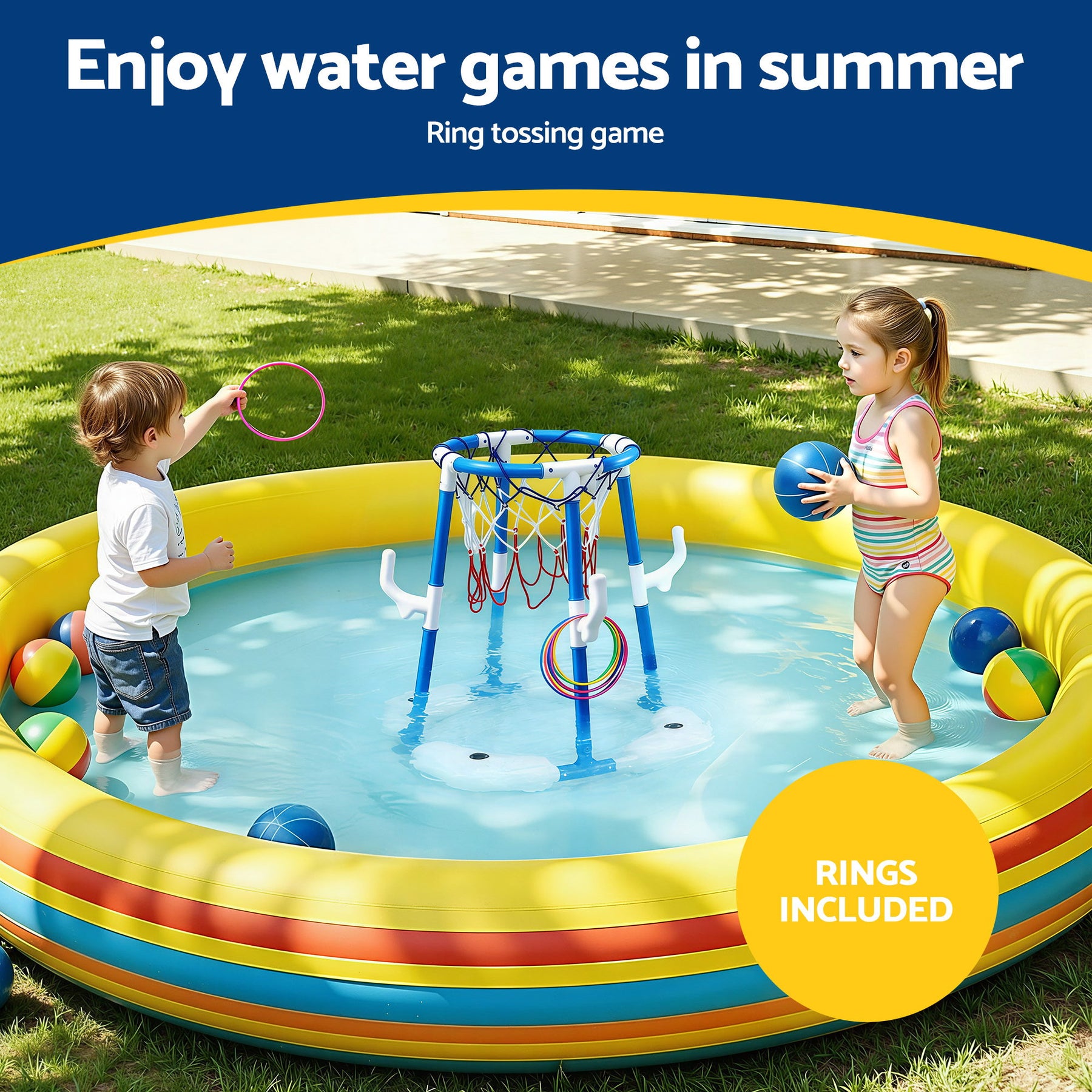 Keezi Kids Basketball Hoop with 4 balls Ring Toss Sports Pool Toys Blue - SuperSaverAU - view 6