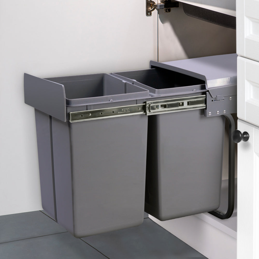 Cefito Dual Side Pull Out Rubbish Waste Basket 2 x 20L - Grey, Space Saver - SuperSaverAU - view 7