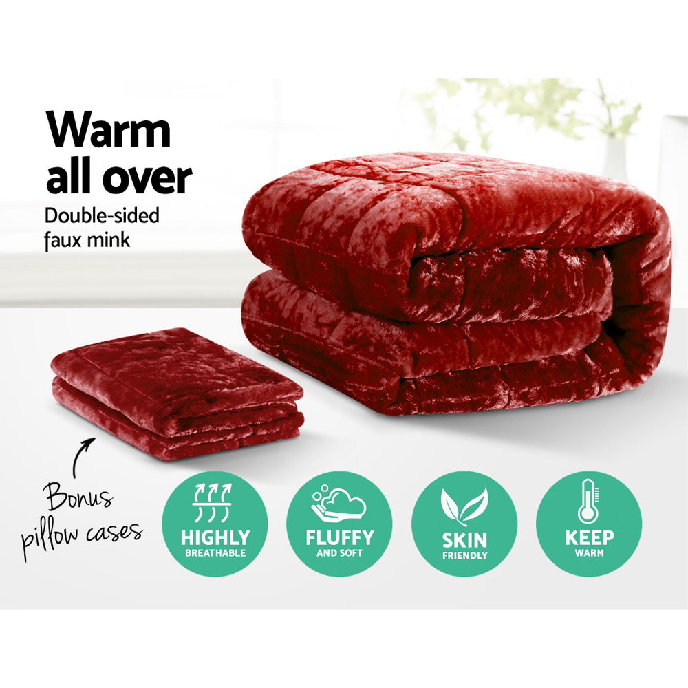 Giselle Bedding Faux Mink Quilt Burgundy Queen - Double-Sided, Soft, Thermo-Regulating - SuperSaverAU - view 3