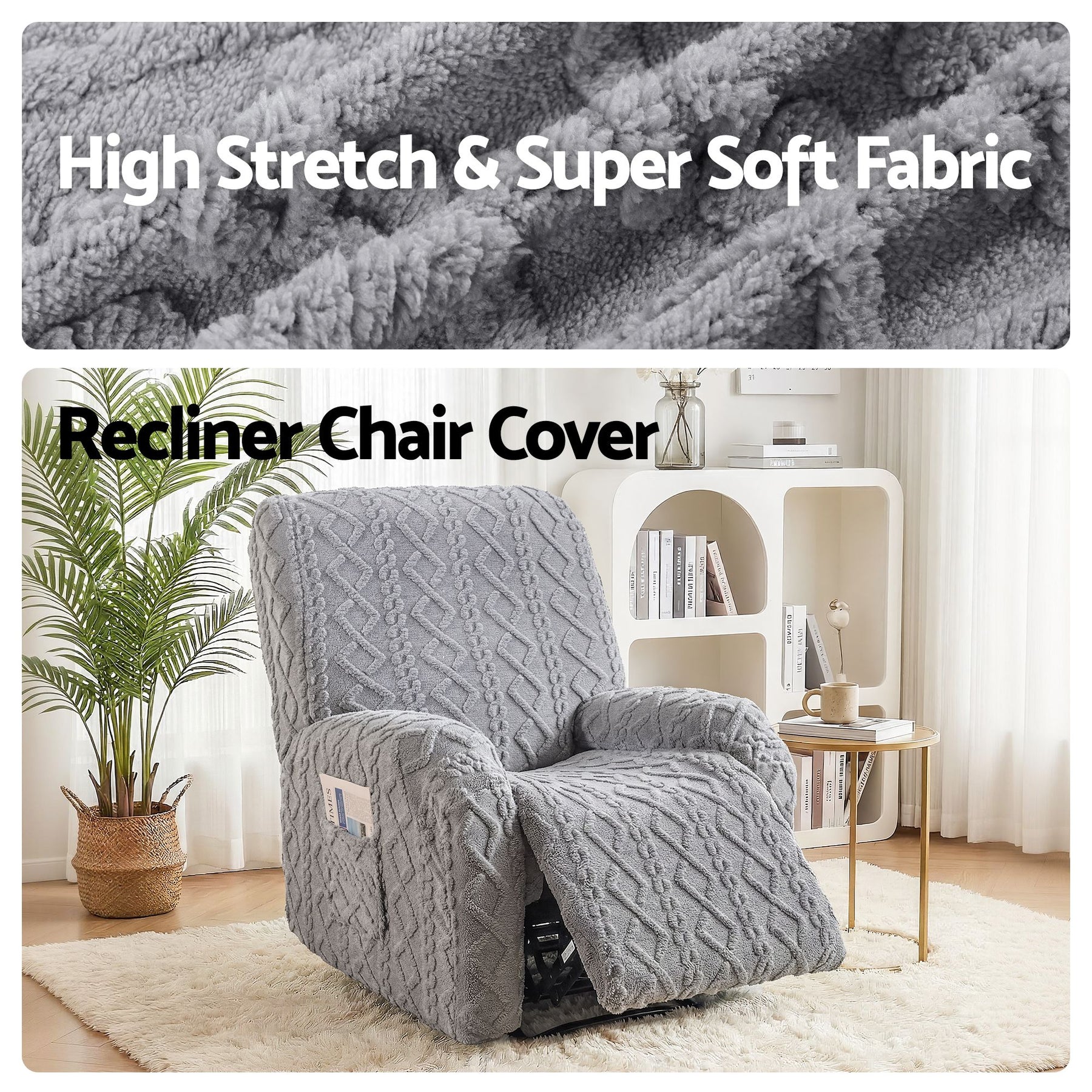 Artiss Stretch Recliner Chair Cover with Side Pockets - Grey