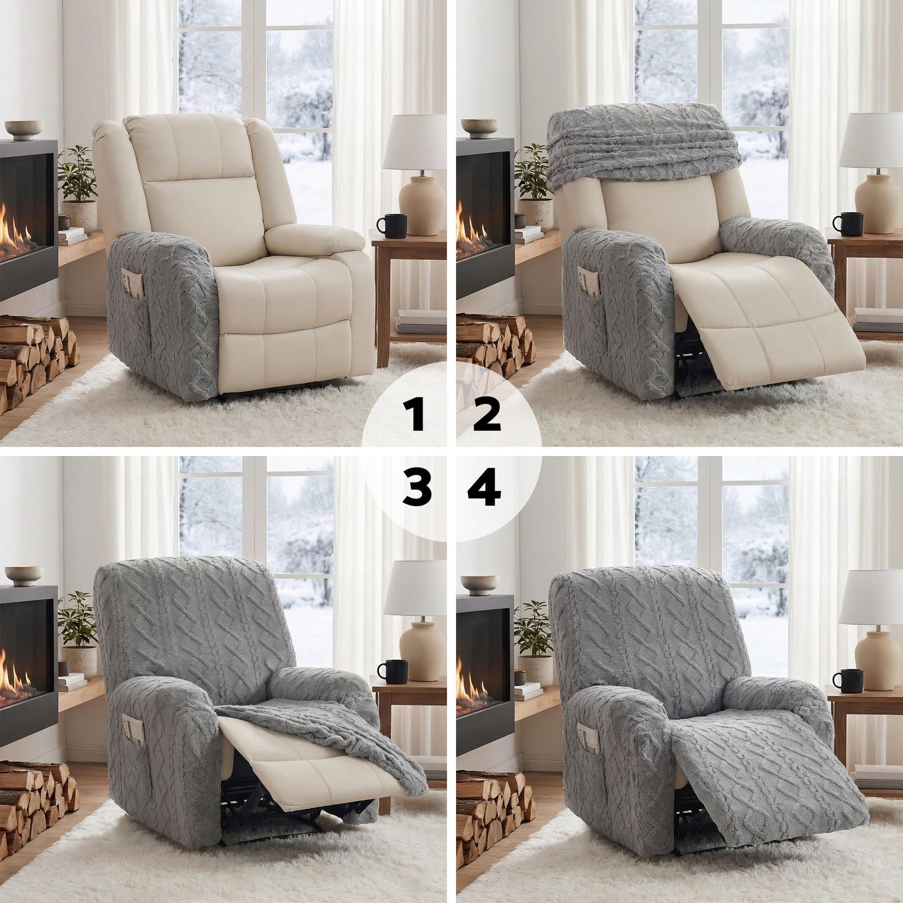 Artiss Stretch Recliner Chair Cover with Side Pockets - Grey