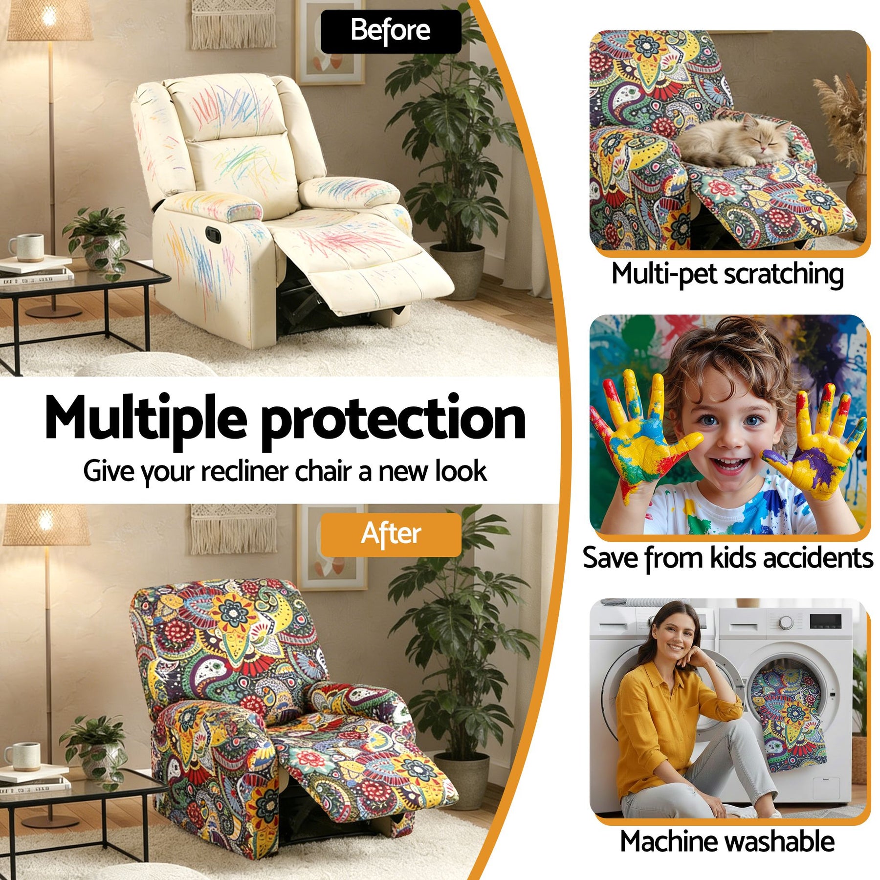 Artiss Kids 4-Piece Stretch Recliner Cover - Printed