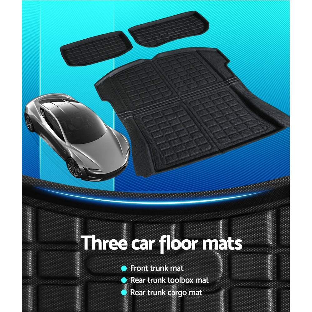Premium Tesla Model 3 2021-2024 3 Piece Rubber Cargo Trunk Mat Set