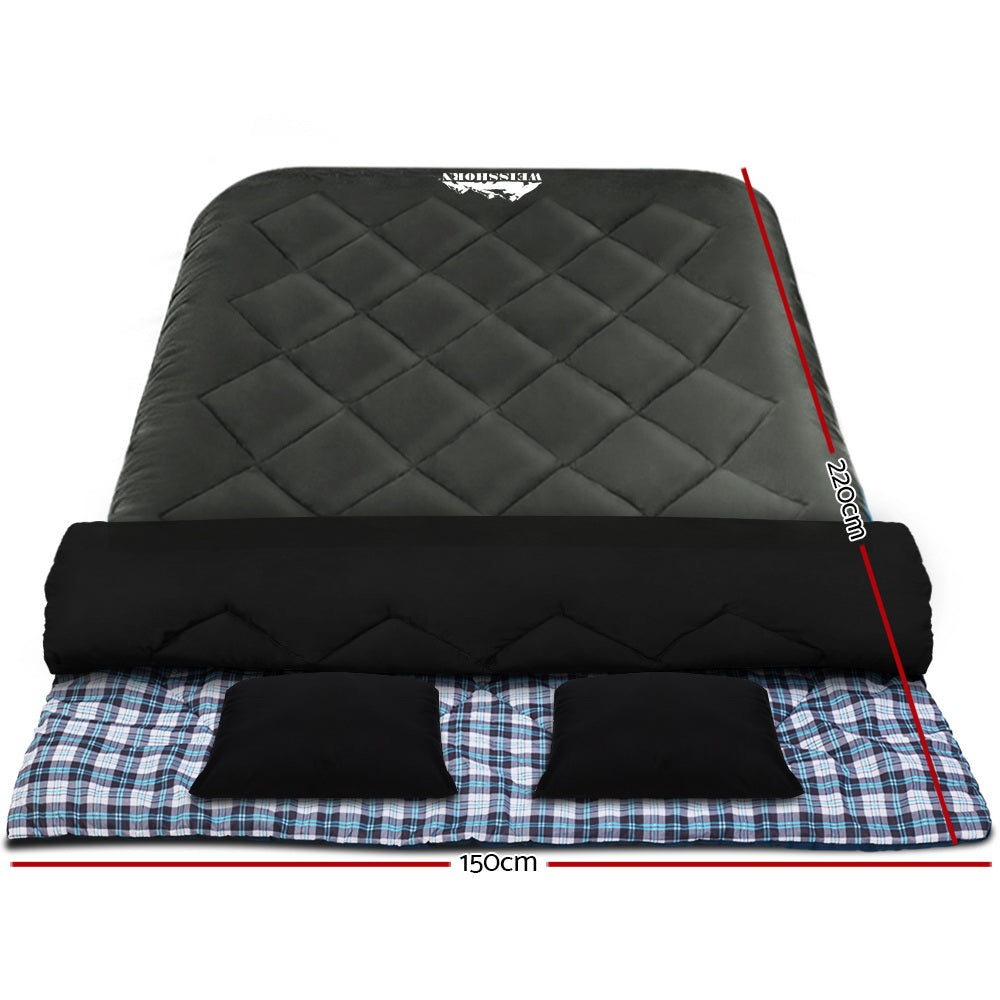 Weisshorn Double Sleeping Bag -10°C, 220cm x 150cm, Waterproof, 2 Pillows Included - SuperSaverAU - view 2