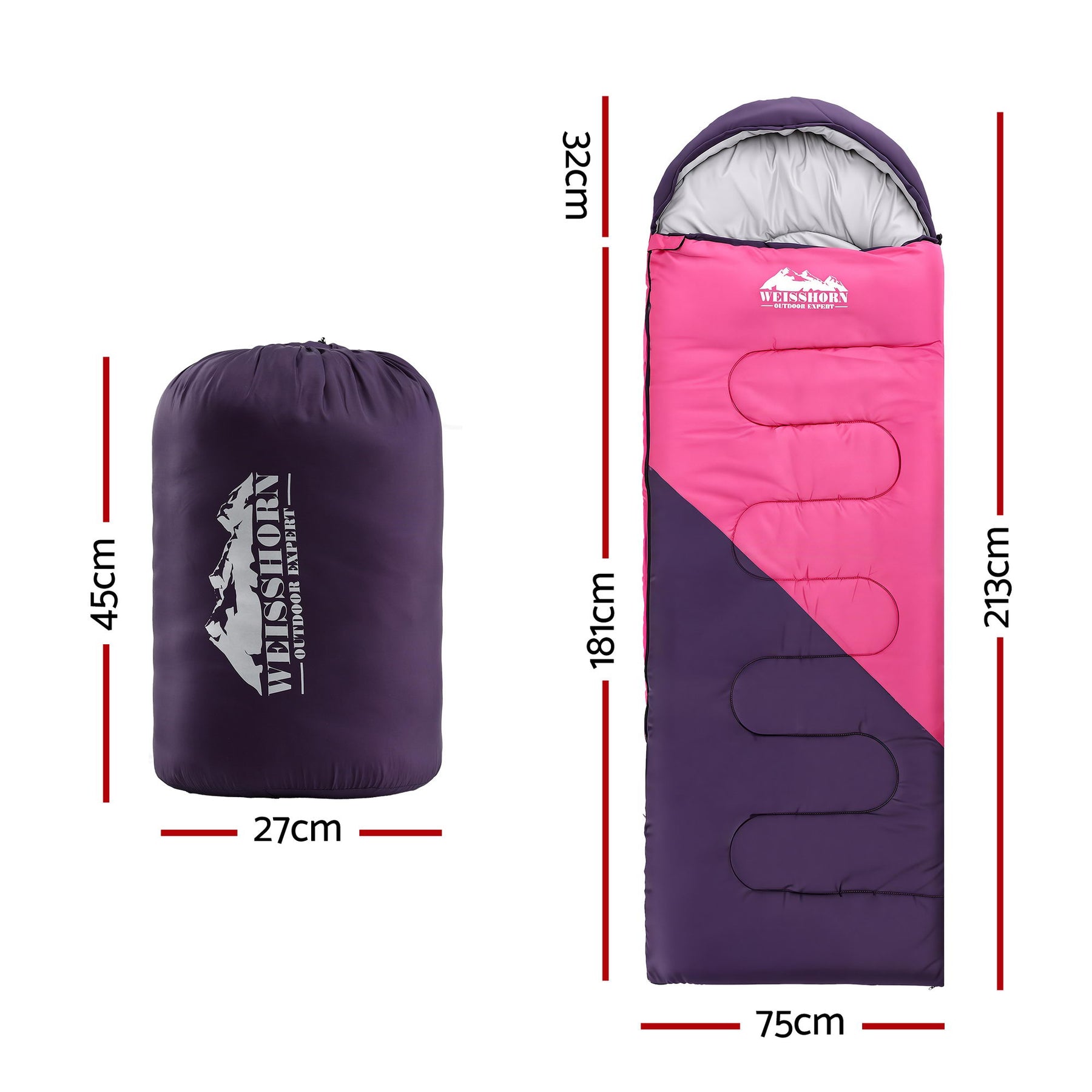 Weisshorn Single Thermal Sleeping Bag - Pink, 213cm
