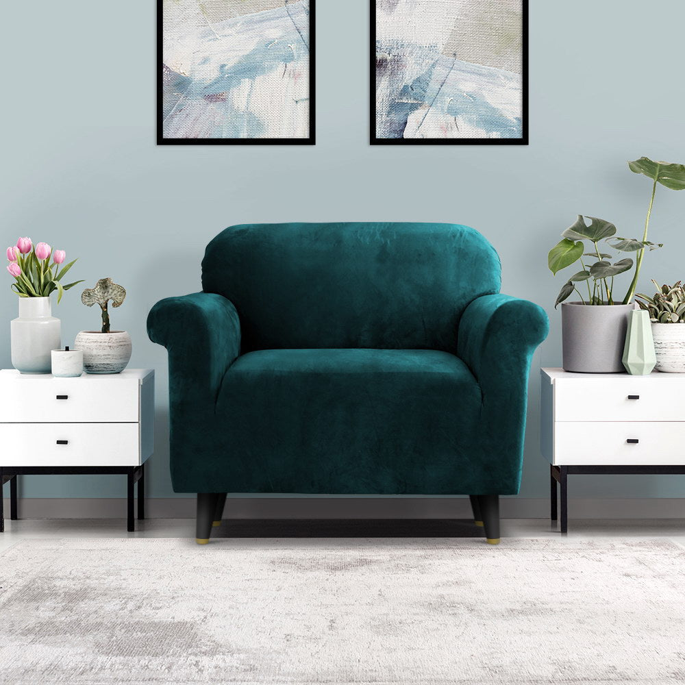 Artiss Velvet Sofa Cover 1 Seater Agate Green, Stretchable, Machine Washable - SuperSaverAU - view 8
