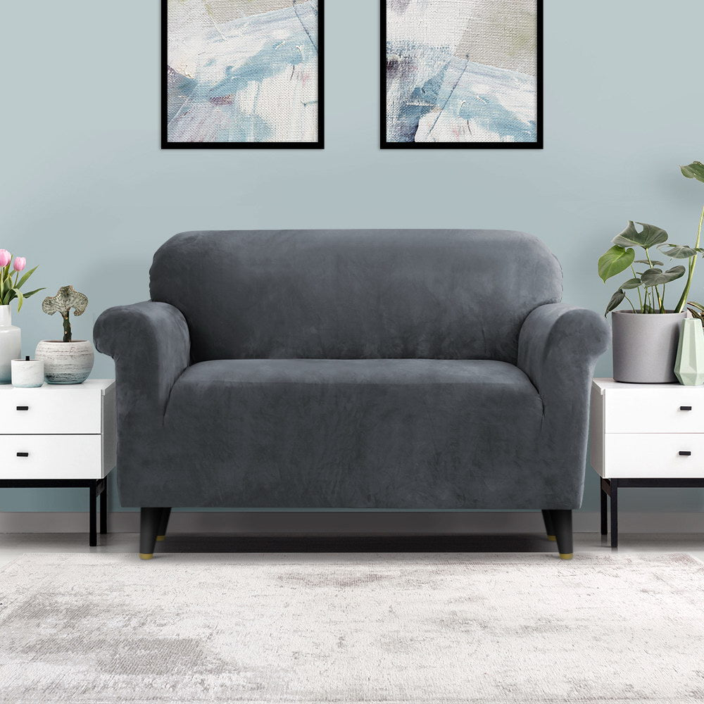 Artiss Velvet Sofa Cover 2 Seater Grey - Stretchable, Machine Washable, Anti-Slip - SuperSaverAU - view 8