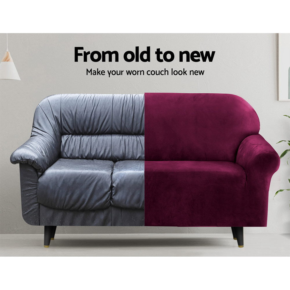 Artiss Velvet Sofa Cover 2 Seater Ruby Red, Stretchable, Machine Washable - SuperSaverAU - view 4