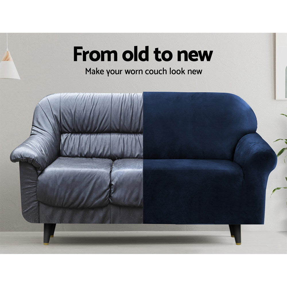 Artiss Velvet Sofa Cover 2-Seater Sapphire - Stretchable, Machine Washable, Anti-Slip - SuperSaverAU - view 4