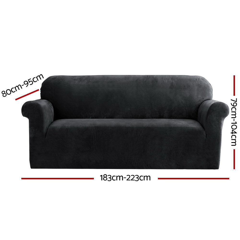 Artiss Velvet Sofa Cover 3-Seater Black - Stretchable, Machine Washable, Anti-Slip - SuperSaverAU - view 2