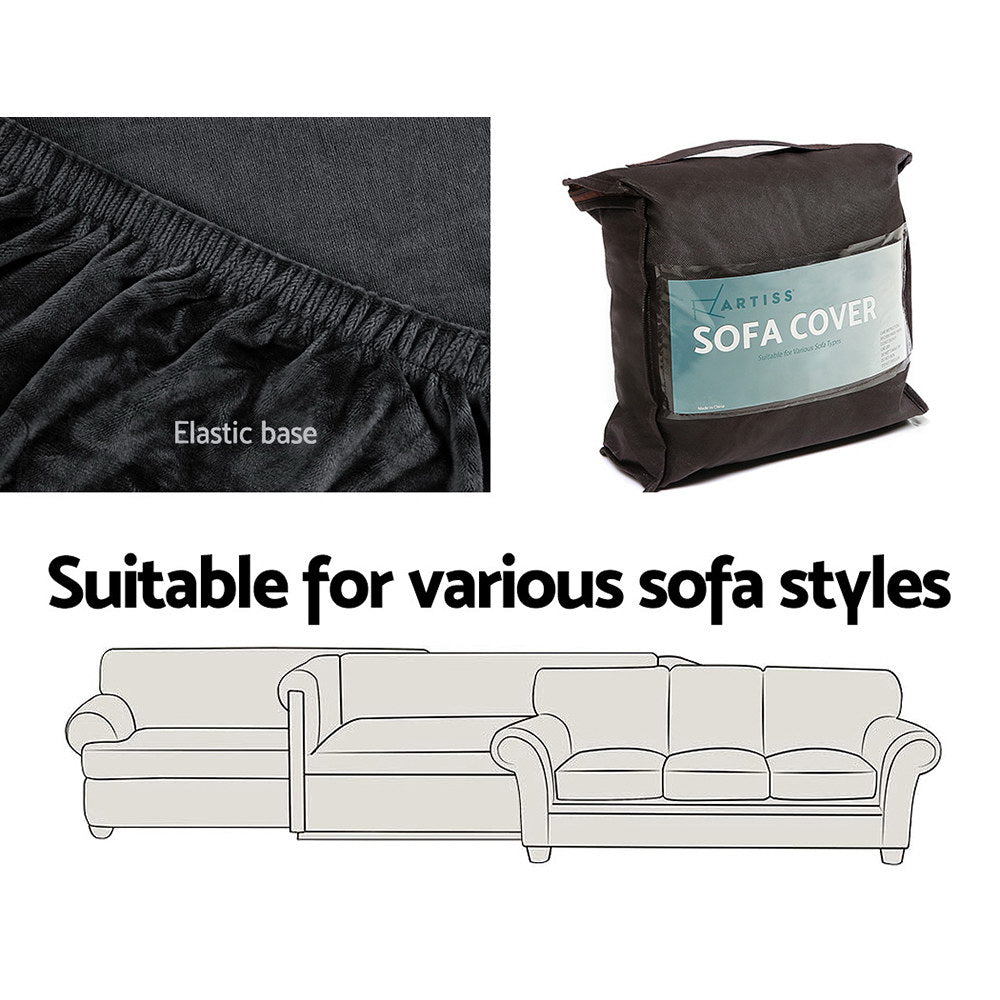 Artiss Velvet Sofa Cover 4-Seater Black - Stretchable, Machine Washable, Anti-Slip - SuperSaverAU - view 5