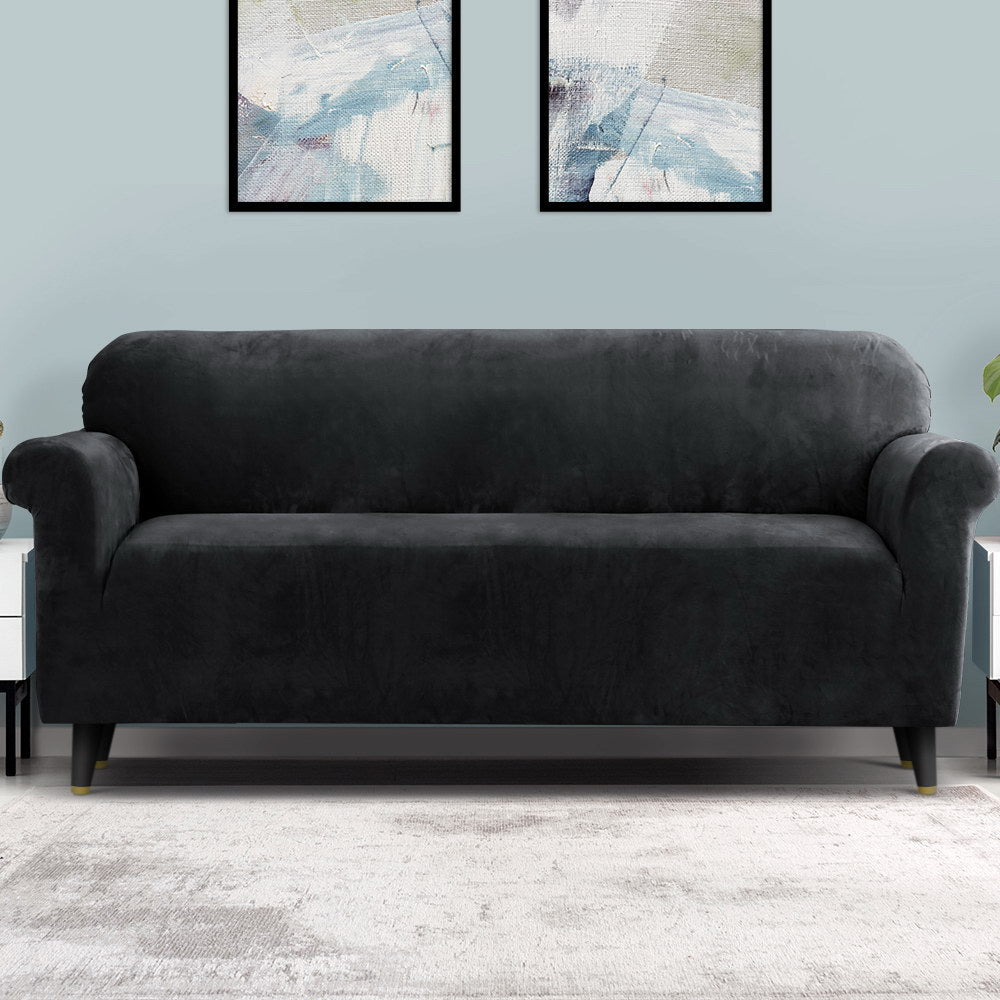 Artiss Velvet Sofa Cover 4-Seater Black - Stretchable, Machine Washable, Anti-Slip - SuperSaverAU - view 8