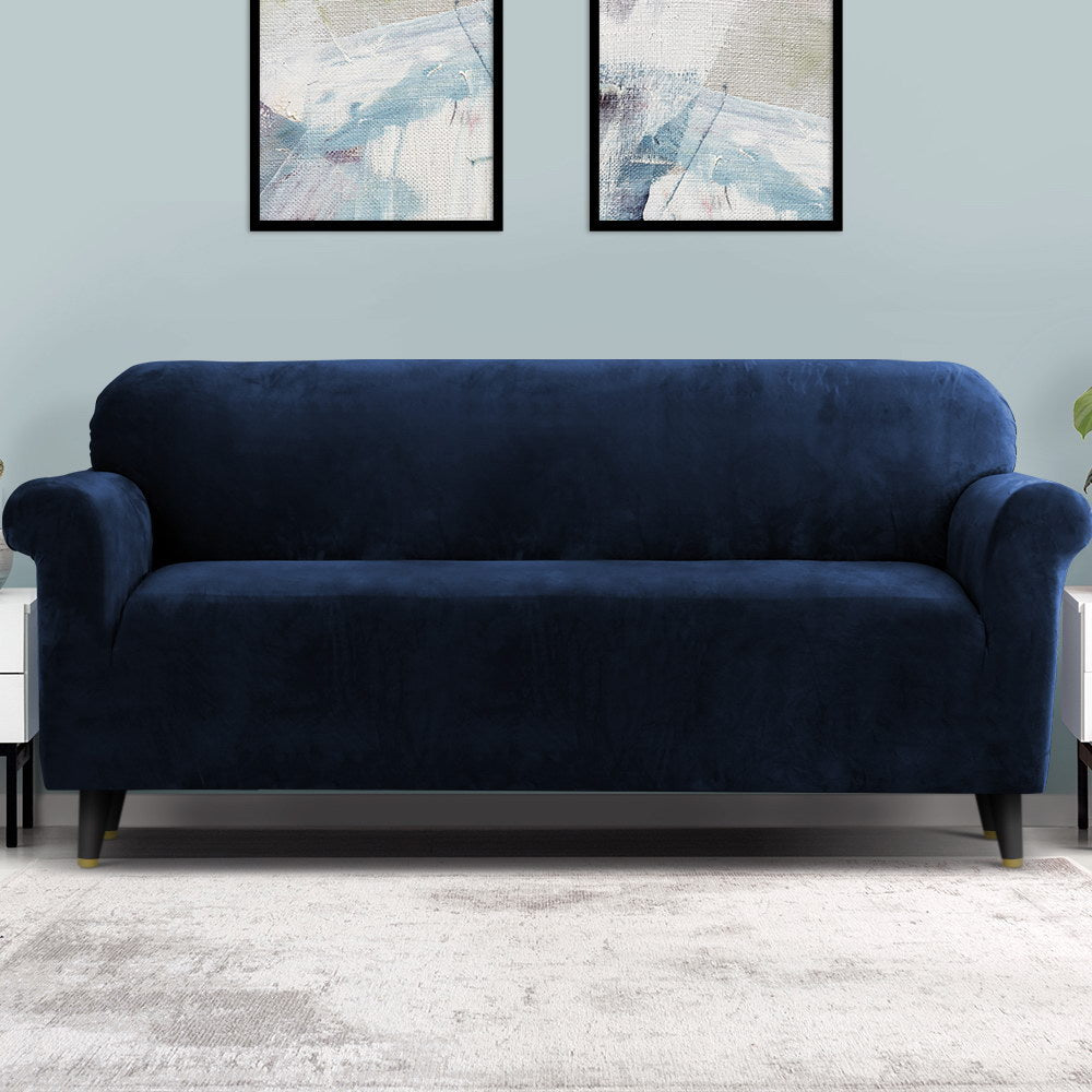 Artiss Velvet Sofa Cover 4-Seater Sapphire - Stretchable, Machine Washable, Anti-Slip - SuperSaverAU - view 8