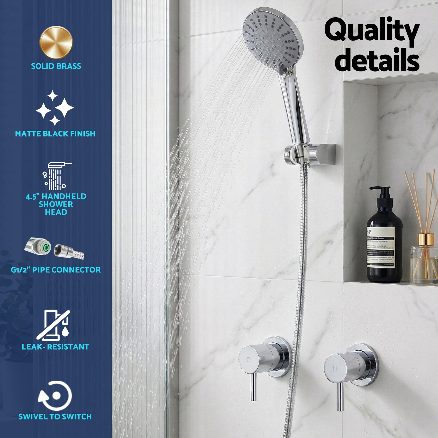 Cefito 4.5" Handheld Shower Head Round with Wall Twin Swivel Bathroom Tap Silver - SuperSaverAU - view 5