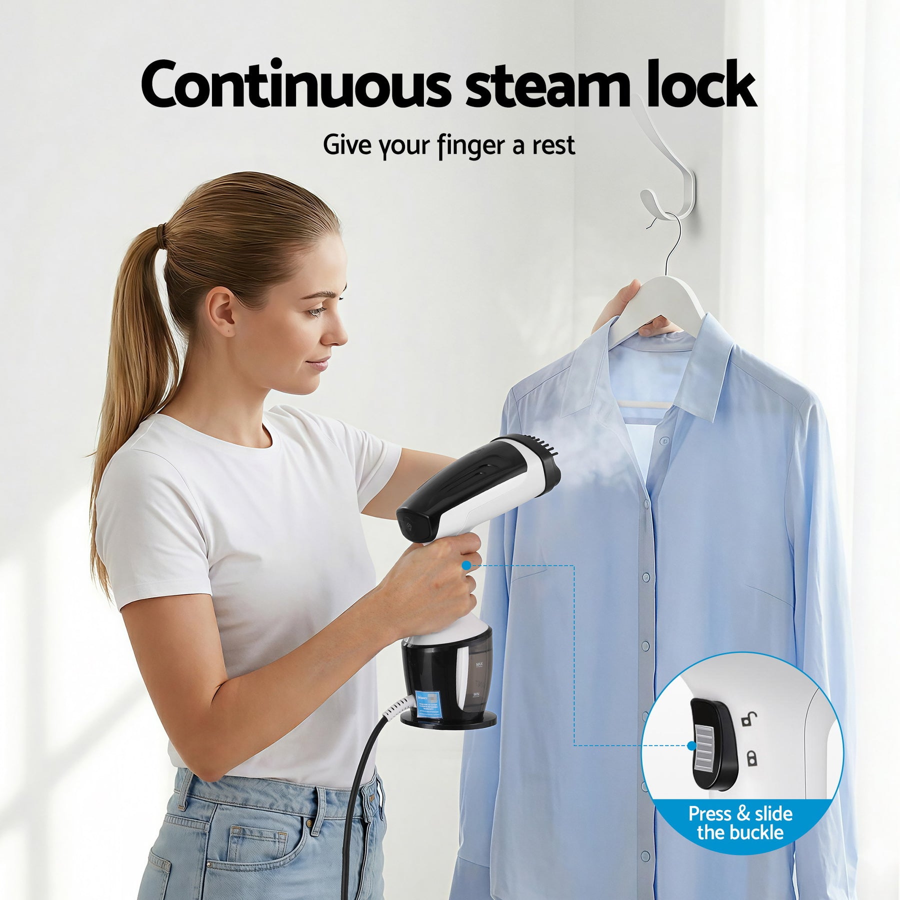 Devanti Clothes Steamer, 1500W Powerful Fast 30s Heat-Up Continuous Steam Lock 160ml Tank Fabric Brush Portable Handheld Steam Iron for Home Travel Business Trip - SuperSaverAU - view 5