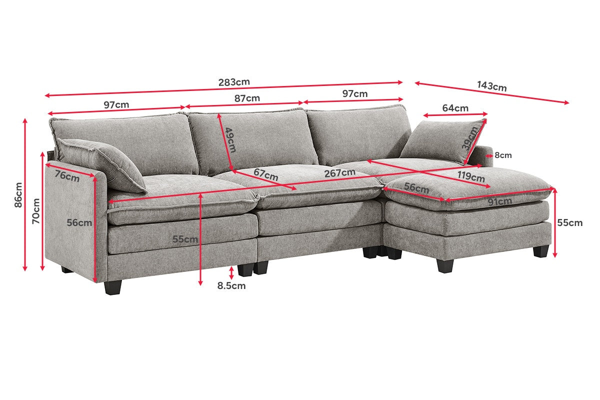 Shangri-La Balos 4 Seater Sofa with Ottoman (Grey)