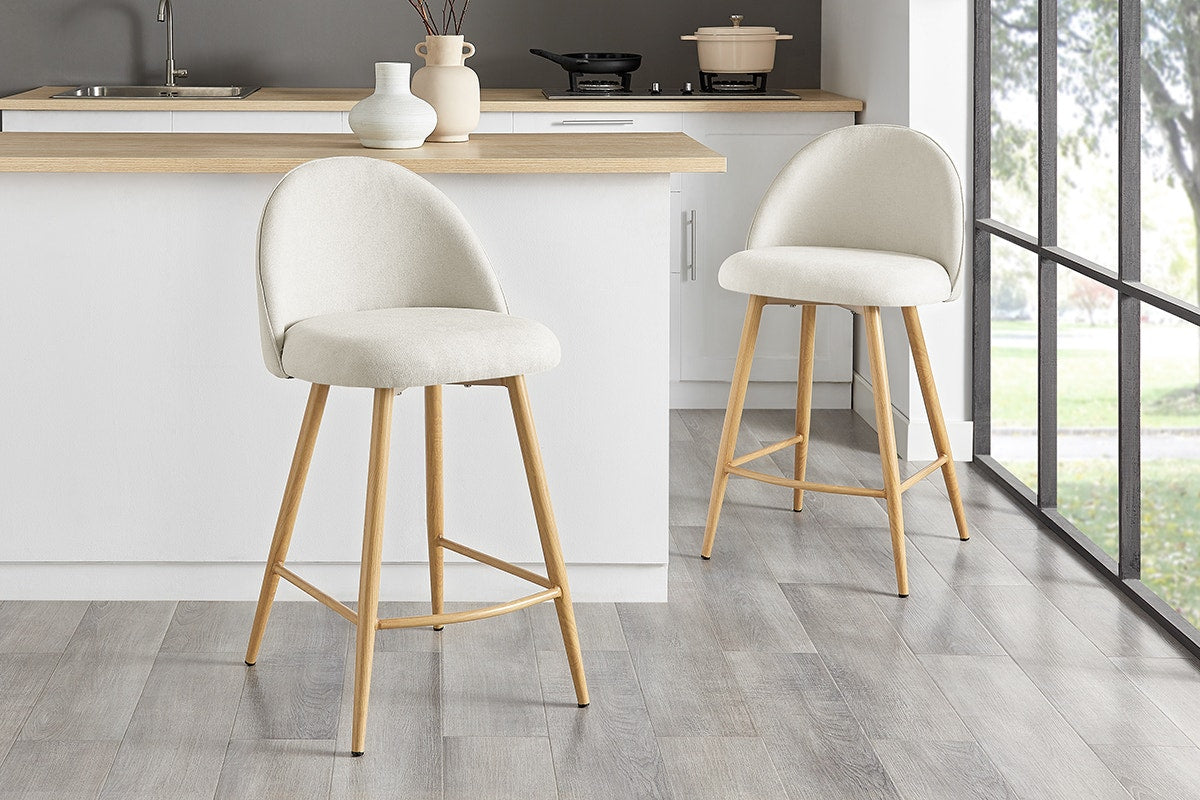 Set of 2 Shangri-La Charley Curved Back Bar Stools (Off White/Wood)