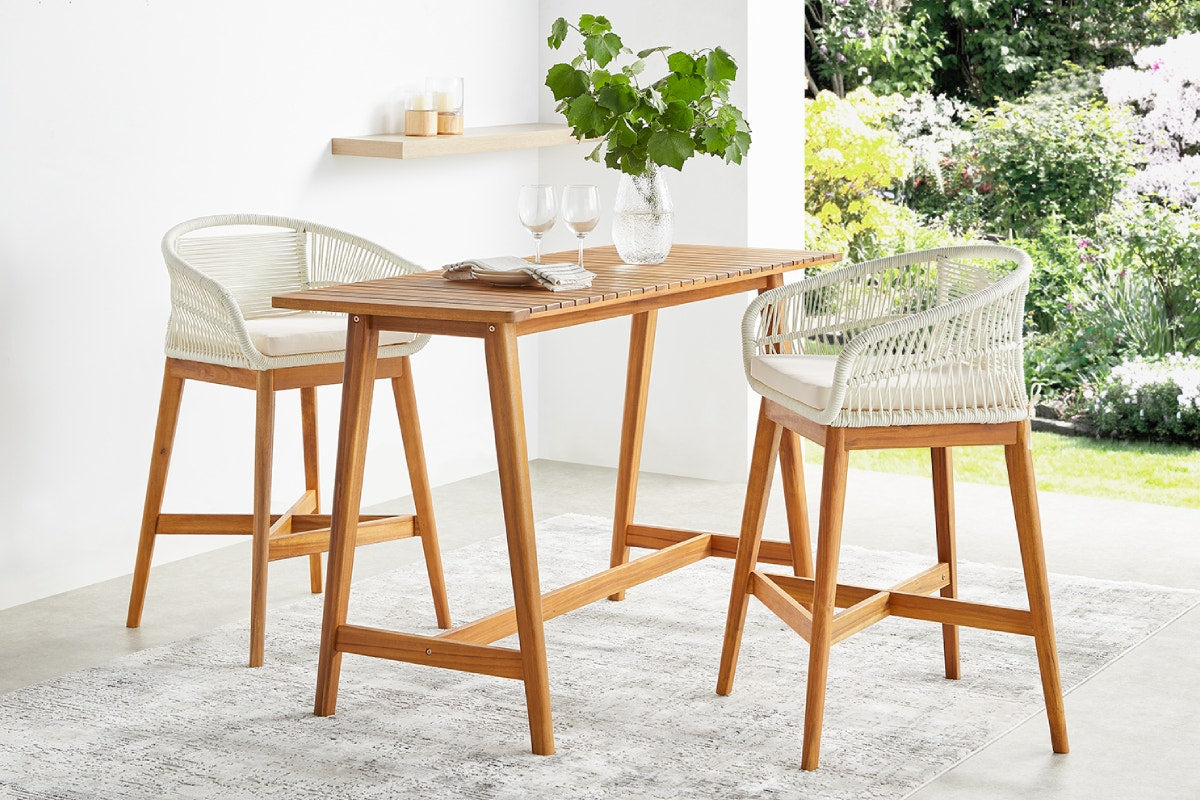 Set of 2 Shangri-La Lorne Rope Cushion Acacia Wood Outdoor Bar Stools (Cream)