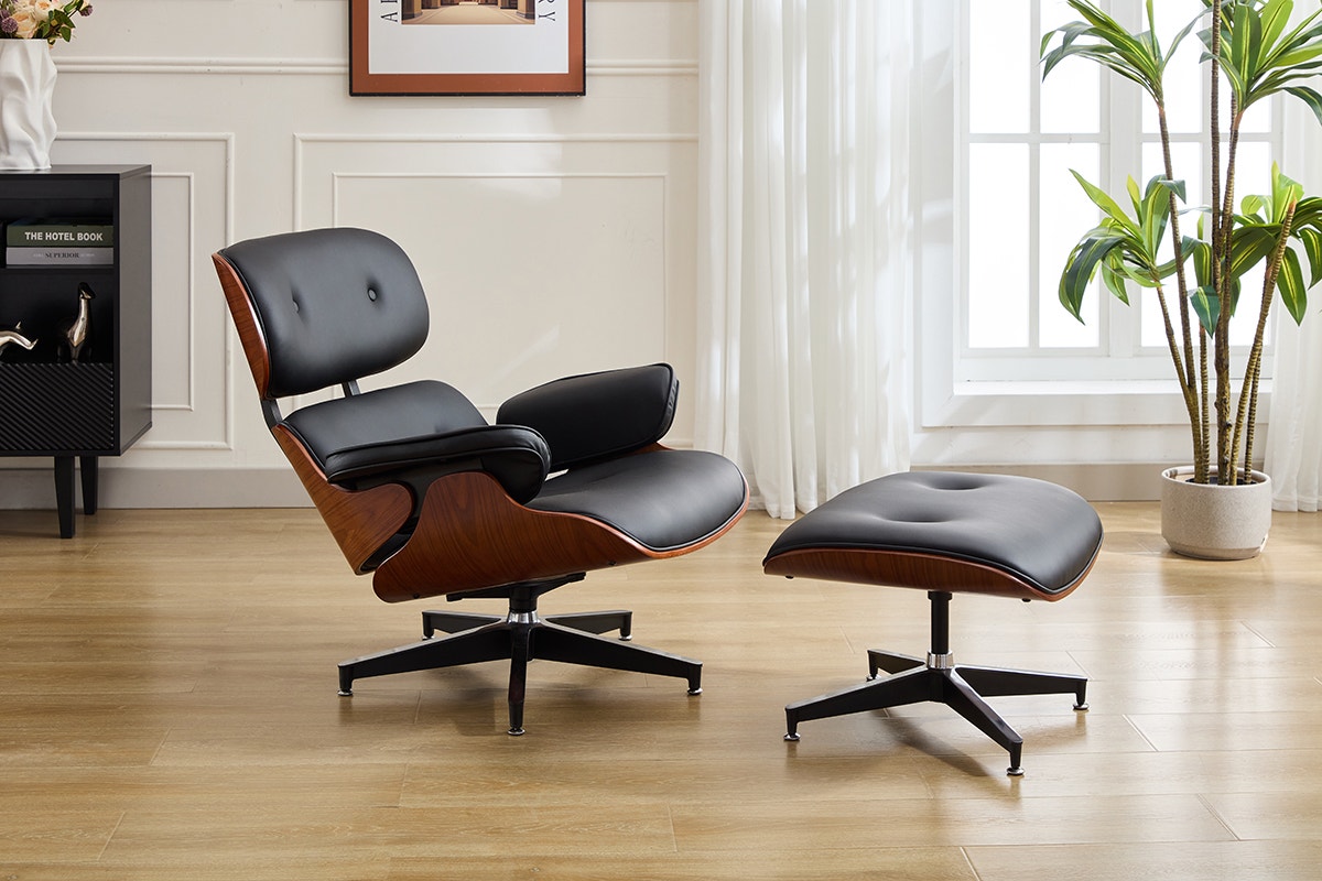 Shangri-La Eames Replica Lounge Chair and Ottoman (Black/Walnut)