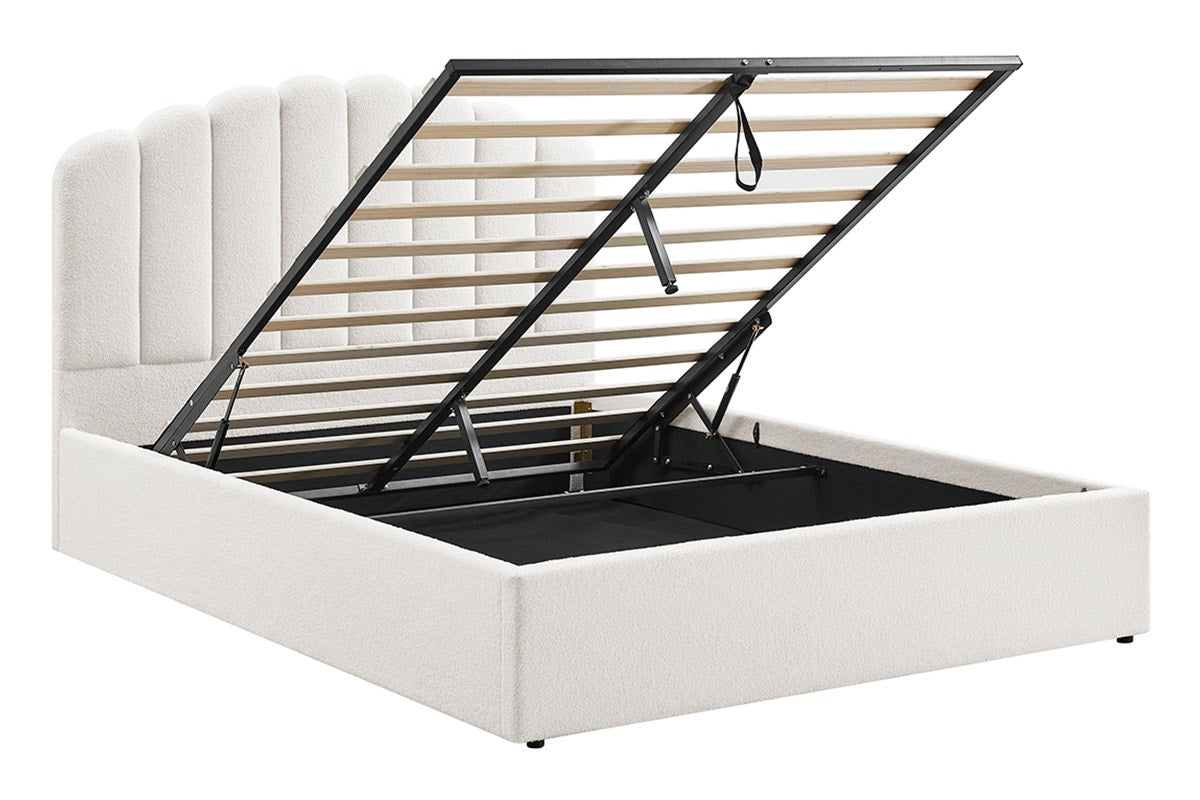 Shangri-La Santorini Boucle Gas Lift Storage Bed Frame (White, Queen)