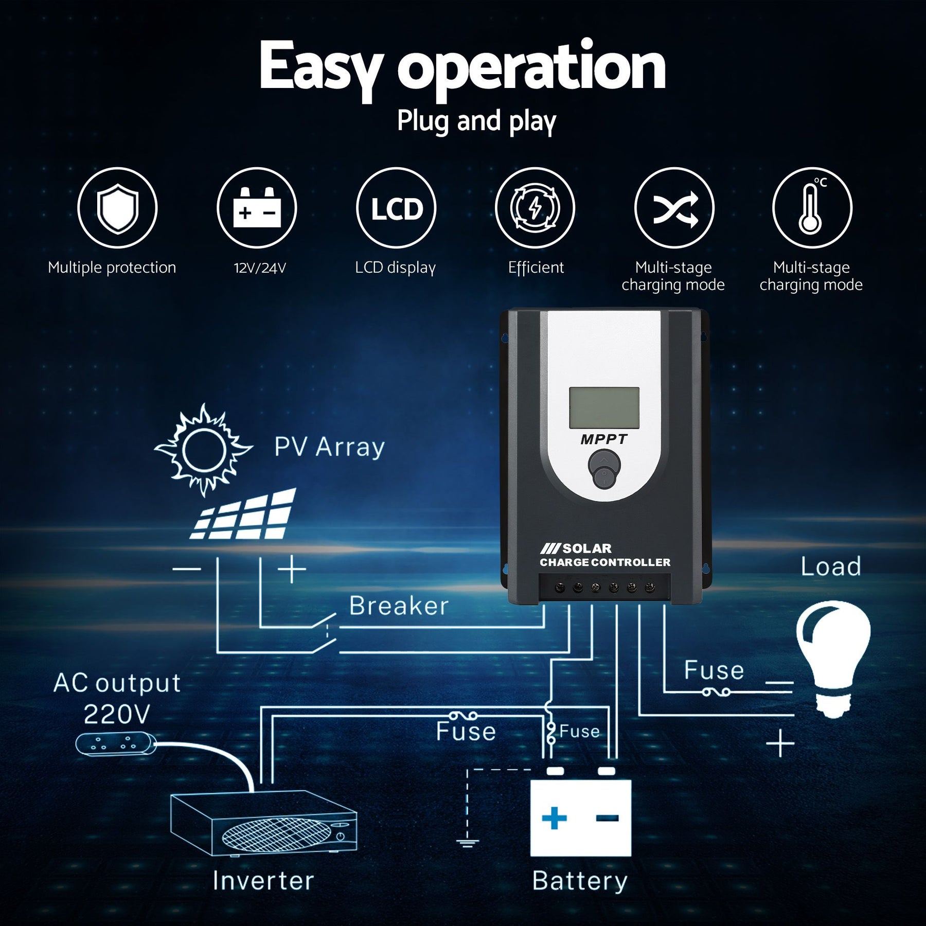 Giantz 50A MPPT Solar Charge Controller with Bluetooth