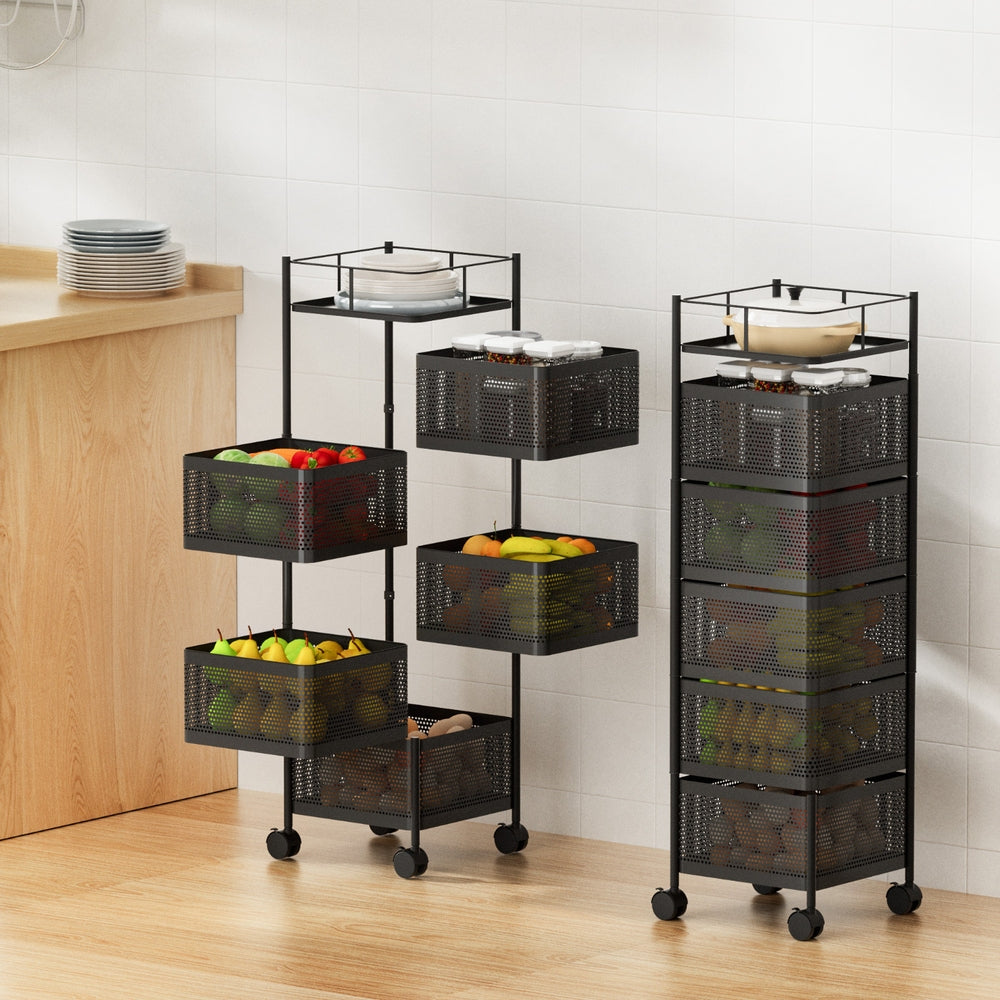 Artiss 5 Tier Black Storage Trolley Kitchen Cart Rolling Rack with Wheels