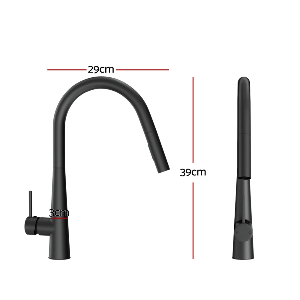 Cefito Pull-Out Round Kitchen Mixer Tap Black 2 Mode Sink Faucet WELS - SuperSaverAU - view 2